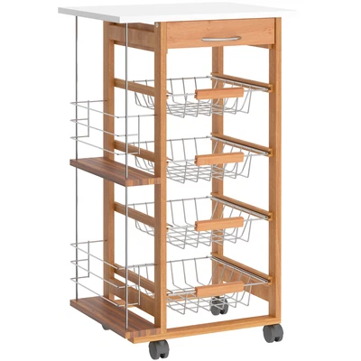 MDF Kitchen Island Trolley With Storage Baskets, Drawer & Wheels - Brown Finish - Image 1 of 4