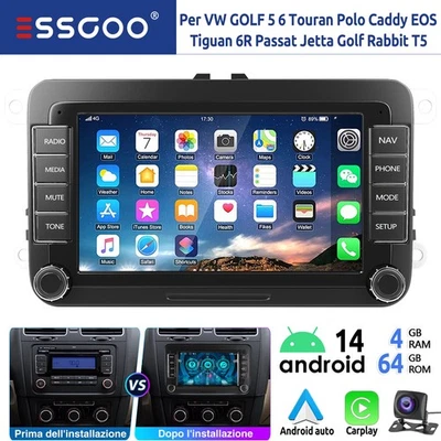 4+64G DAB+ Android 14 Autoradio Carplay Per VW Golf 5 6 Passat Touran GPS BT RDS - Immagine 1 di 4