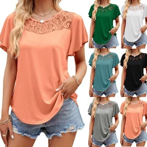 Women's Lace Casual Tee Tops Blouse Summer Short Sleeve Loose T Shirts Plus Size - Picture 1 of 28