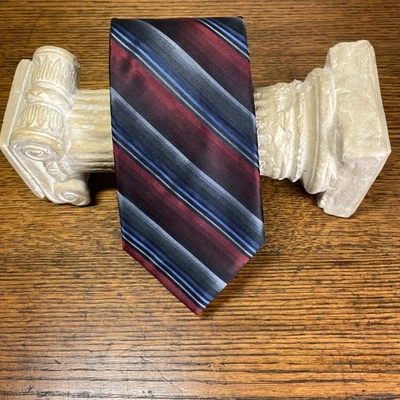 Men's Joseph & Feiss Striped Burgundy Gray Blue Silk Classic Necktie Business - Image 1 of 3