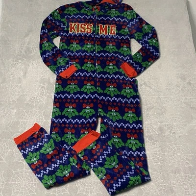 Pijama de lana suave de una pieza Holiday para hombre M azul rojo Navidad Kiss Me muérdago Foto 1 de 4