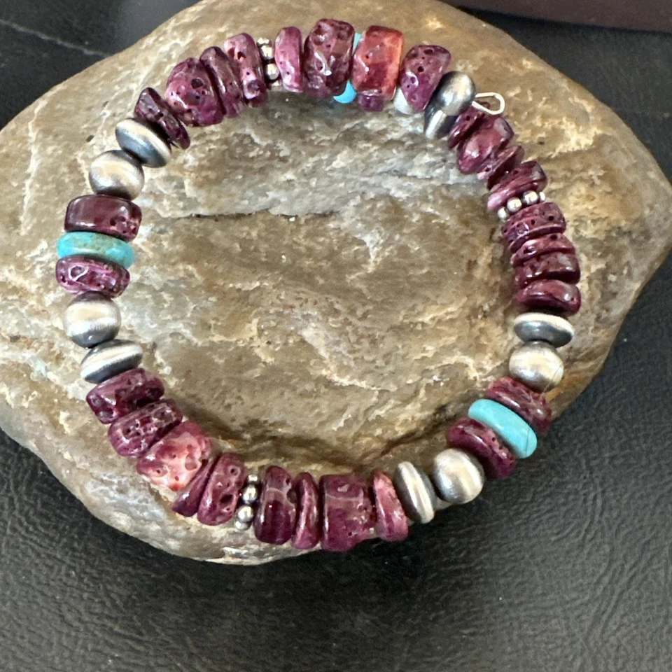 Brazalete Navajo de plata esterlina 18902 con cuentas de alambre turquesa espinosa púrpura de 8 mm Foto 1 de 1