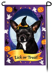Halloween Garden Flag - Smooth Black and White Chihuahua - Picture 1 of 1