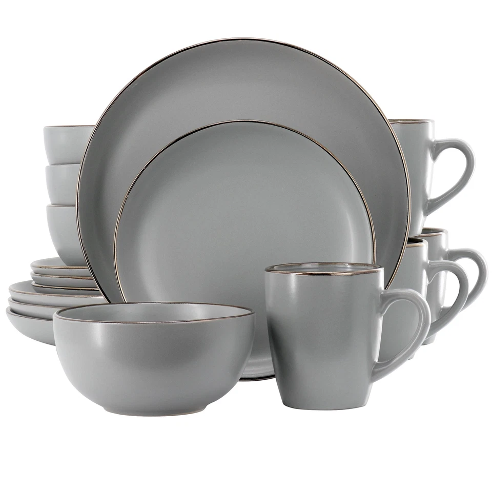 Gibson Home Rockaway Round Stoneware Dinnerware Set Service for 4 16pcs Grey/...