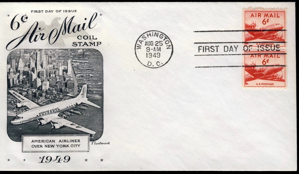 US 1949 Airmail 6 cent COIL (C41) . First Day Cover . Fleetwood Cachet - Image 1 of 1
