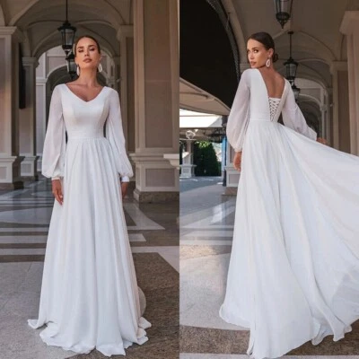 Elegant A-Line Wedding Dresses V-Neck Long Full Sleeved with Pleat Bridal Gowns - Image 1 of 4