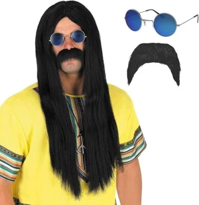 Conjunto de bigote peluca hippie negra larga para hombre años 70 accesorio de disfraz hippy Foto 1 de 2