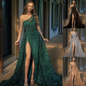 Women's Oblique Shoulder Slit Long Toasting Dress Sequin Halter Evening Dress - Picture 1 of 25