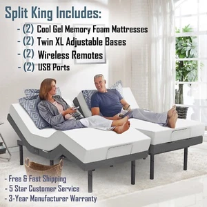 Split King Renanim Adjustable Bed Frame Massage App Control with 14" Mattress - Picture 1 of 6
