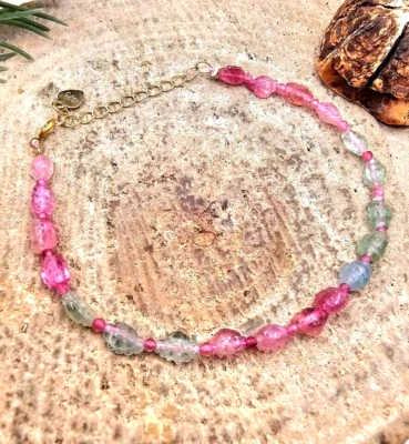 Premium Grade Nature Tourmaline Hand Carve Ruffled Candy Beads 925 Bracelet. - Image 1 of 4