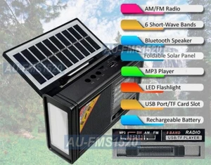 Solar-Powered Shortwave AM FM Radio Bluetooth Speaker Flashlight MP3 Player - Picture 1 of 9
