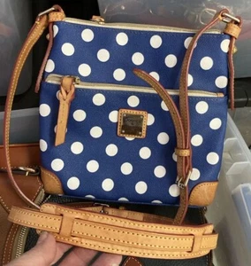 Dooney Bourke Blue White Polka Dot & Leather Crossbody Letter Carrier Bag - Picture 1 of 16