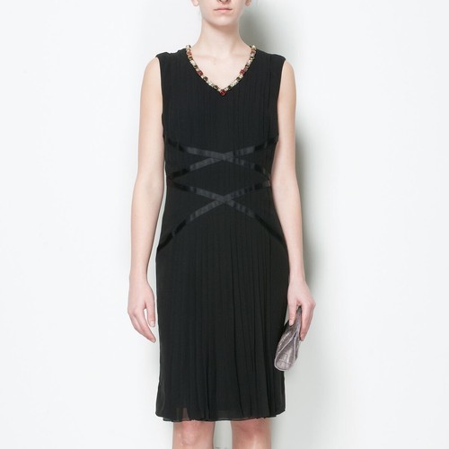 Abito Chanel Collana Diamante Seta Piegate Nero Piegate Taglia FR 38 RARO!