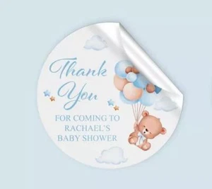 Teddy Bear Blue Baby Shower Stickers, Round Personalised, Thank You for coming - Picture 1 of 13