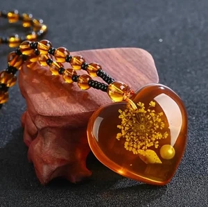 Heart-Shaped Amber Synthetic Resin With Saltwater Bee-wax Bead Necklace - Picture 1 of 4