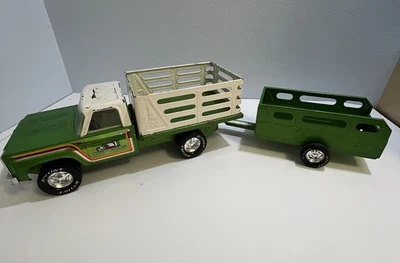 Vintage Nylint Farms Pickup Truck & Trailer Stake Bed Pressed Steel Green 1970s - Image 1 of 4