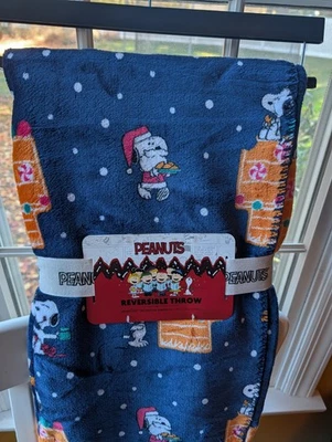 Snoopy Peanuts Doghouse Christmas Candy Cookies Reversible 50 x 70" Blue Blanket - Image 1 of 4