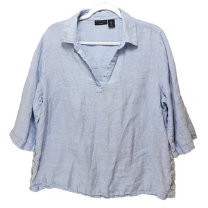 Tahari Linen Shirt Womens Blue Light Boho Beachy Vneck Collared Pearl Buttons - Picture 1 of 11