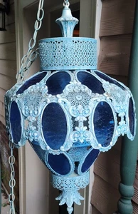 Vintage Gothic Spanish Revival 60’s 70’s Blue Stained Glass Metal Hanging Lamp - Picture 1 of 13