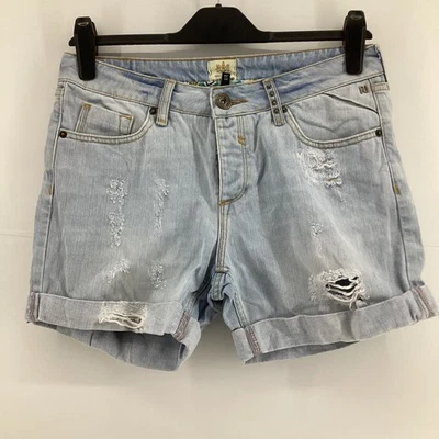 River Island Light Wash Distressed Cuffed Denim Shorts UK 8 Summer Festival - Image 1 of 4