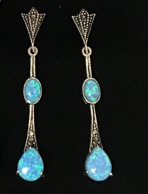Sterling Silver Blue Fire Opal Marcasite Pear Drop  Teardrop Dangle Earrings New - Image 1 of 4