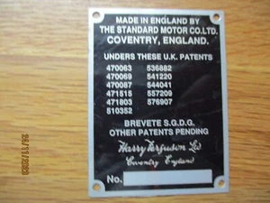 FOR THE TRACTOR  FERGUSON  TE 11 PATENT NUMBERS SERIAL No PLATE - Picture 1 of 2