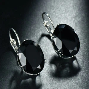 Cool ! Huge Oval Cut Black Onyx Gemstone Silver Woman Dangle Hook Earrings - Picture 1 of 2