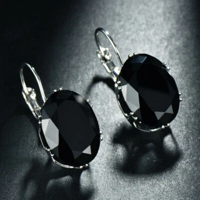 Cool ! Huge Oval Cut Black Onyx Gemstone Silver Woman Dangle Hook Earrings - Image 1 of 2