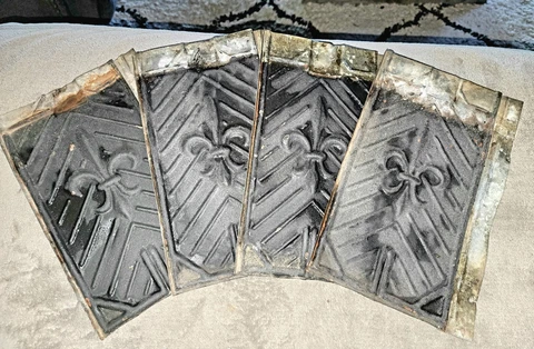 Vintage Lot of FOUR  Fleur-De-Lis Tin Tiles 10” x 6¼” Primitive/Rustic Decor - A Cover