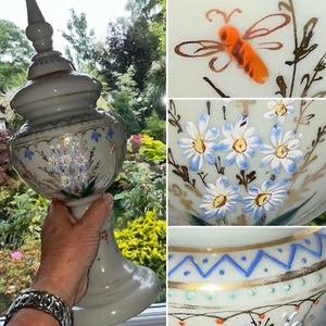 ๐ RARE Antique MOSER OPALINE Glass Lid Footed Vase Urn Hand Enamel Gilded 15โ - Picture 1 of 15