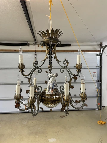 Antique Gilt Tole and Porcelain 34" Italian Style 12 Light Chandelier Rewired Cover