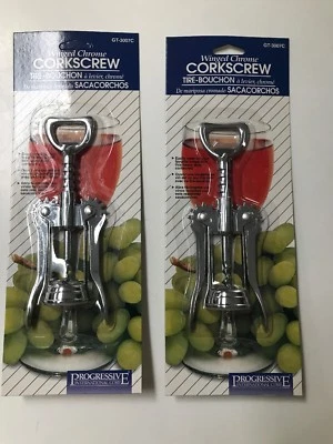 Lot of 2 Winged Chrome 6-Inch Corkscrew, Progressive Int. Corp. Wine Openers Set - Image 1 of 2