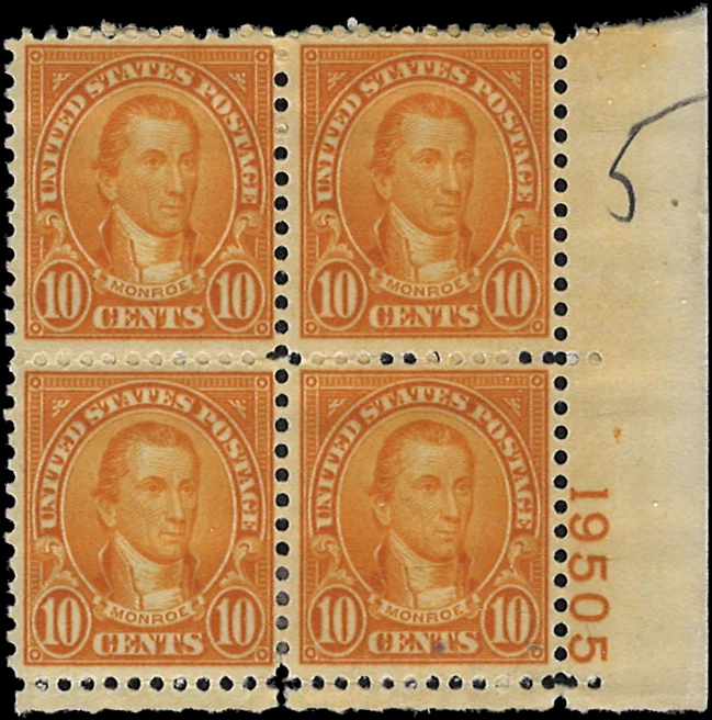 Scott # 642 - US Plate Block Of 4 - Monroe - 10c Orange - **MNH** -1927 - Image 1 of 1