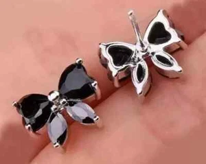 2.50Ct Heart Cut Lab Created Onyx Butterfly Stud Earrings 14K White Gold Plated - Picture 1 of 9
