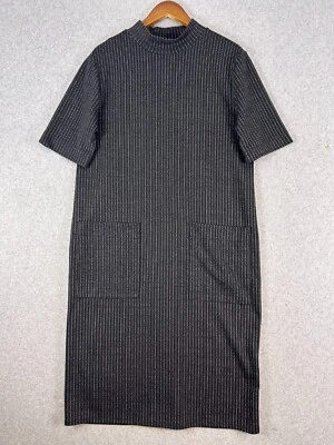 Zara Midi Dress Women's Large Gray Knit White Pinstripe Mock Neck Pocket Stretch - Image 1 of 4