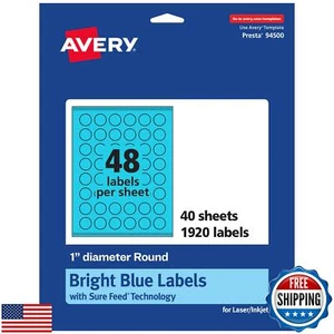 Avery Printable Round Labels with Sure Feed Technology, 1" Diameter, Bright B - Picture 1 of 5