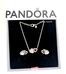 NEW 100% PANDORA Red White Halo Heart Stud Necklace Gift Set 293633C01 393632C01 - Picture 1 of 12