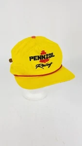 Vintage Penzoil Racing Leather Strap Hat 90s Stitched Adjustable Yellow - Picture 1 of 8