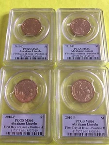 2010 ABRAHAM LINCOLN P&D PCGS MS 66 FDOI POSITION A&B 4-COIN BUSINESS DOLLAR SET - Picture 1 of 7