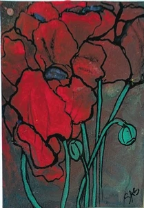 Tarjeta de arte ACEO original, acrílico, inmersión hidráulica, amapola, arte externo, arte bruto - Imagen 1 de 4