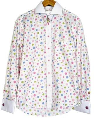 Bruno Conte Mens  Shirt 14.5 32/33 Pink Polka Dot French Cuff Button Up Pocket - Image 1 of 4