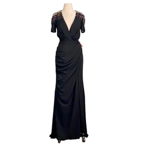 Mac Duggal schwarz verziert Schulter kurze Ärmel V-Ausschnitt Wickelkleid Gr. 8 NEU - Bild 1 von 14