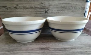Pair Roseville Friendship Pottery Ohio Blue Stripe 7” Mixing Bowls - Picture 1 of 5