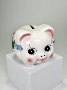 Vintage Ceramic Piggy Bank Pink Flower Blue Bow ~ Small - Picture 1 of 7