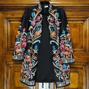 Sanu Jacket Womens M 100% Silk Embroidered Colorful Floral Boho Duster Coat - Picture 1 of 11