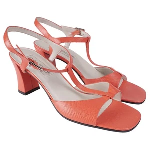 CALICO Vintage Women Heeled Sandals 8.5M Orange Leather T-Strap Open Toe - Picture 1 of 9