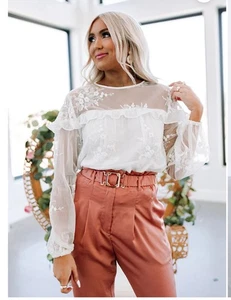 Impressions Sheer White Floral Lace Blouse Top Size S - Picture 1 of 6