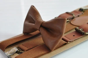 Pajarita elástica de cuero sintético marrón caramelo tirantes para hombre joven niño - Imagen 1 de 8