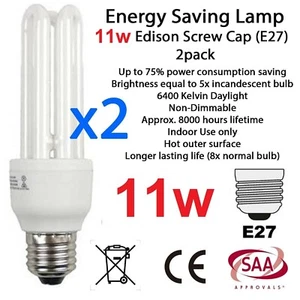 2 x 11W Daylight Energy Saving E27 Lamp Globe Night 6400 Kelvin Light Bulb WHT - Picture 1 of 1