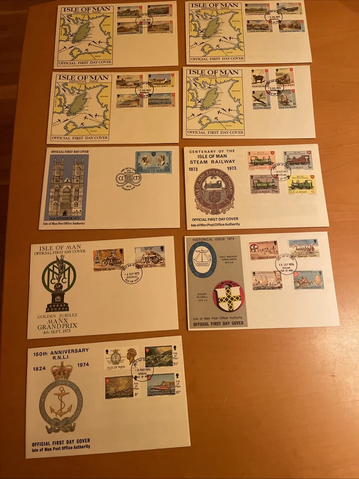 1973-1974 Isle Of Man First Day 9 Covers, XF Condition , See Photos - Image 1 of 4